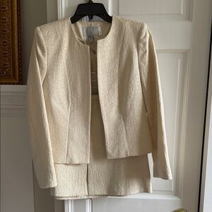 Zara Classic Open Front Gold embossed cream blazer and matching mini skirt